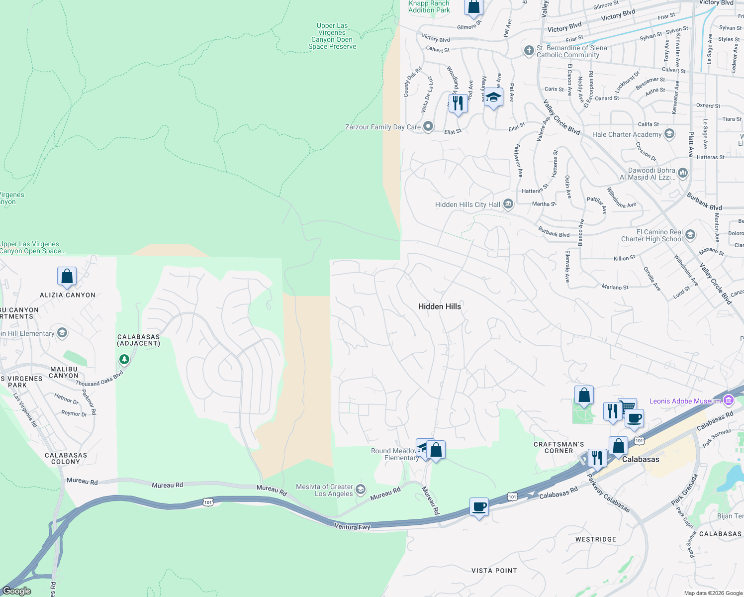 map of restaurants, bars, coffee shops, grocery stores, and more near 24910 John Fremont Road in Hidden Hills
