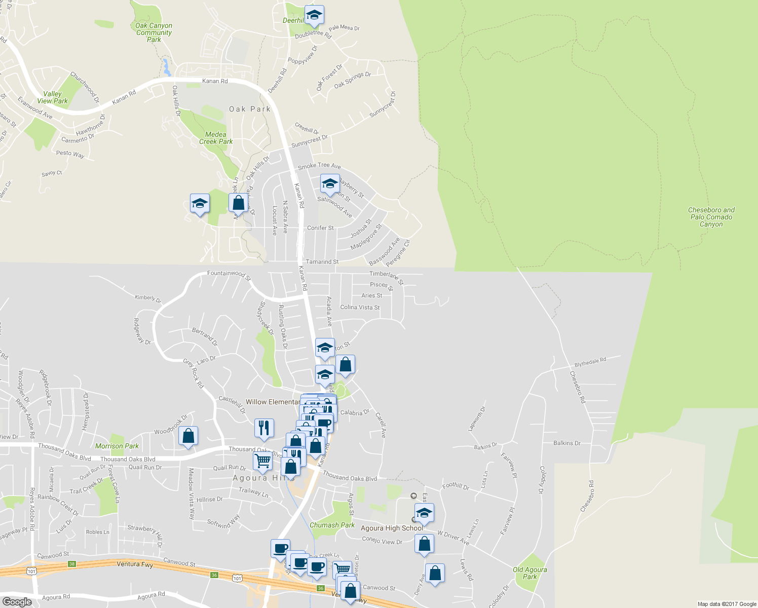 map of restaurants, bars, coffee shops, grocery stores, and more near 28705 Colina Vista Street in Agoura Hills