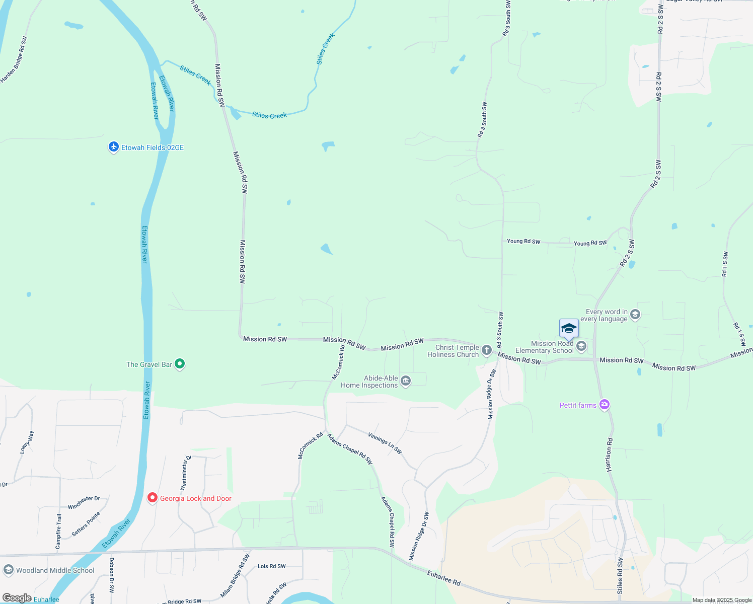 map of restaurants, bars, coffee shops, grocery stores, and more near 28 Bradford Drive Southwest in Cartersville
