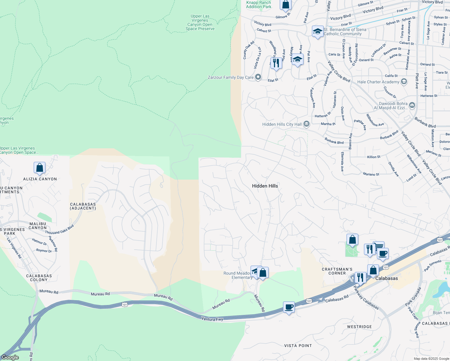 map of restaurants, bars, coffee shops, grocery stores, and more near 24910 John Fremont Road in Hidden Hills