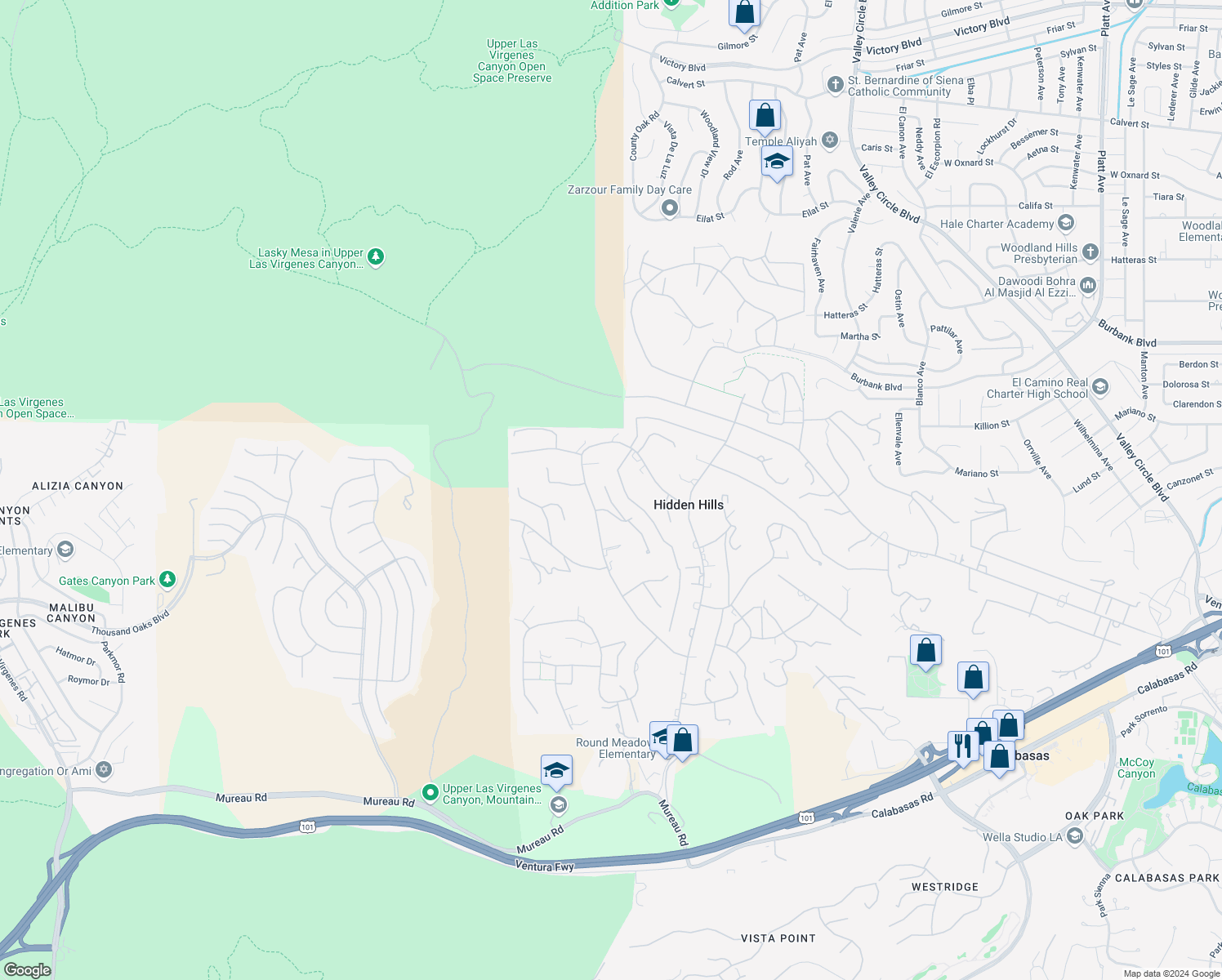 map of restaurants, bars, coffee shops, grocery stores, and more near 24833 Jacob Hamblin Road in Hidden Hills