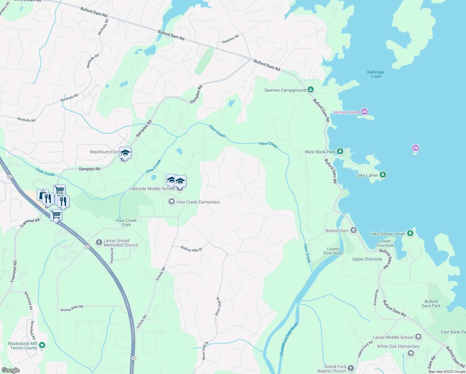 map of restaurants, bars, coffee shops, grocery stores, and more near 2815 Princeton Trce in Cumming