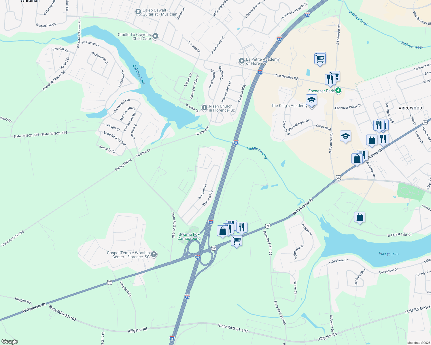 map of restaurants, bars, coffee shops, grocery stores, and more near 3661 Trotwood Dr in Florence