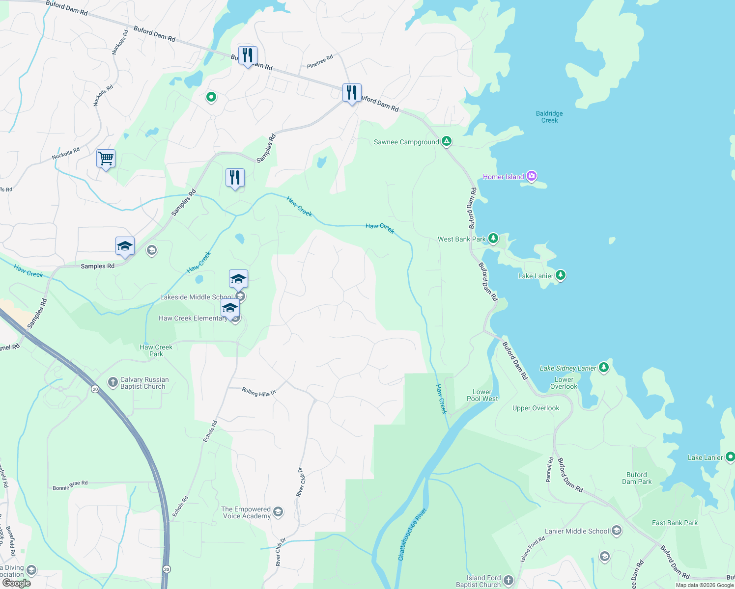 map of restaurants, bars, coffee shops, grocery stores, and more near 5035 New Tulane Tr in Cumming