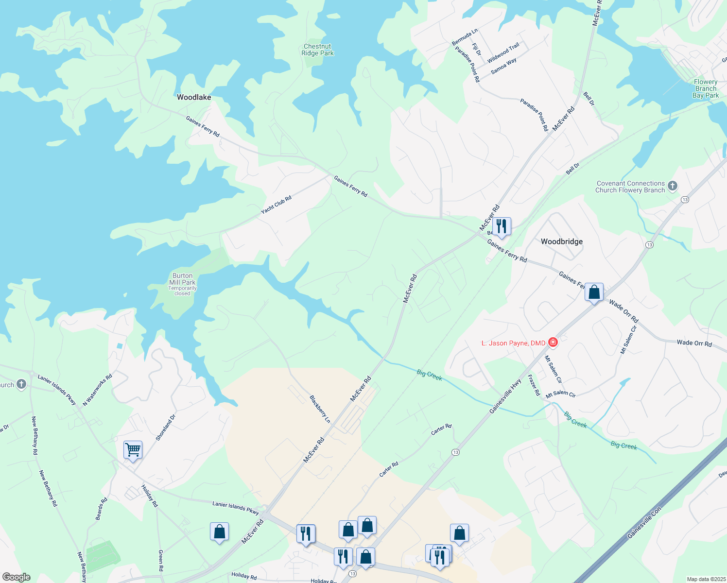 map of restaurants, bars, coffee shops, grocery stores, and more near 6608 Windbrook Way in Flowery Branch