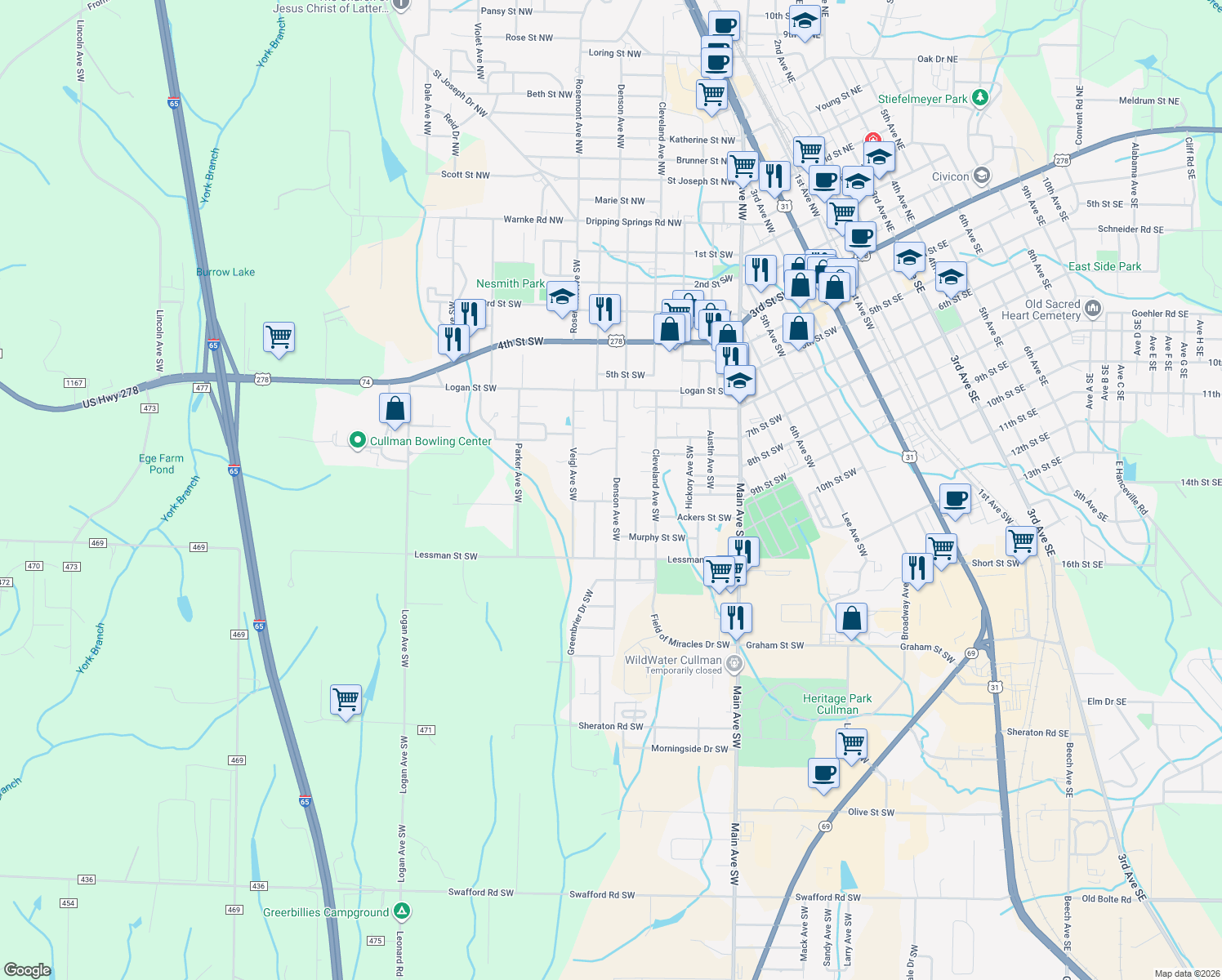 map of restaurants, bars, coffee shops, grocery stores, and more near 815 Denson Avenue Southwest in Cullman