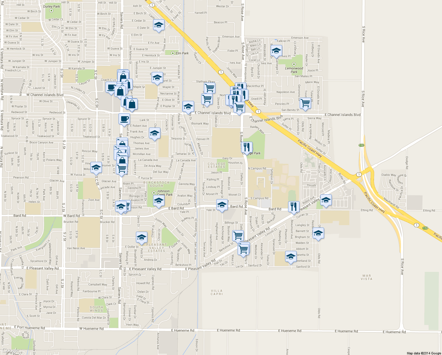 map of restaurants, bars, coffee shops, grocery stores, and more near 1321 Kipling Place in Oxnard