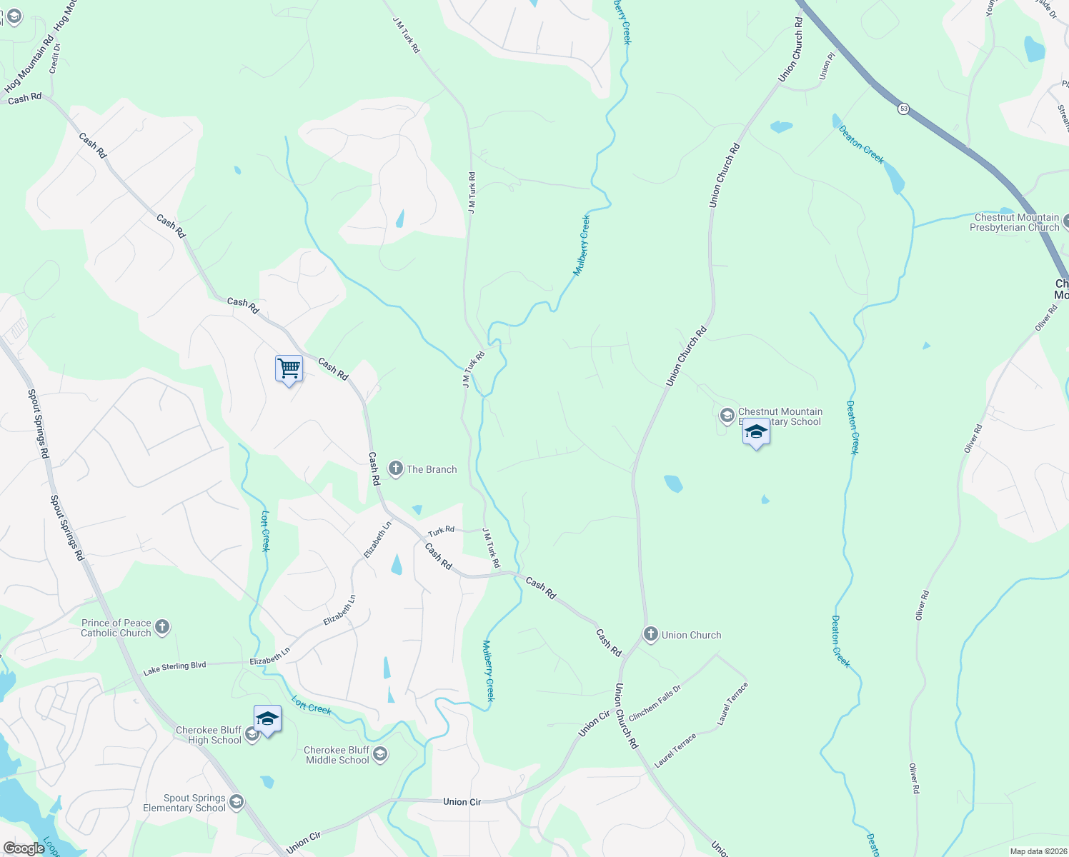 map of restaurants, bars, coffee shops, grocery stores, and more near 5164 Old Oaks Ct in Flowery Branch