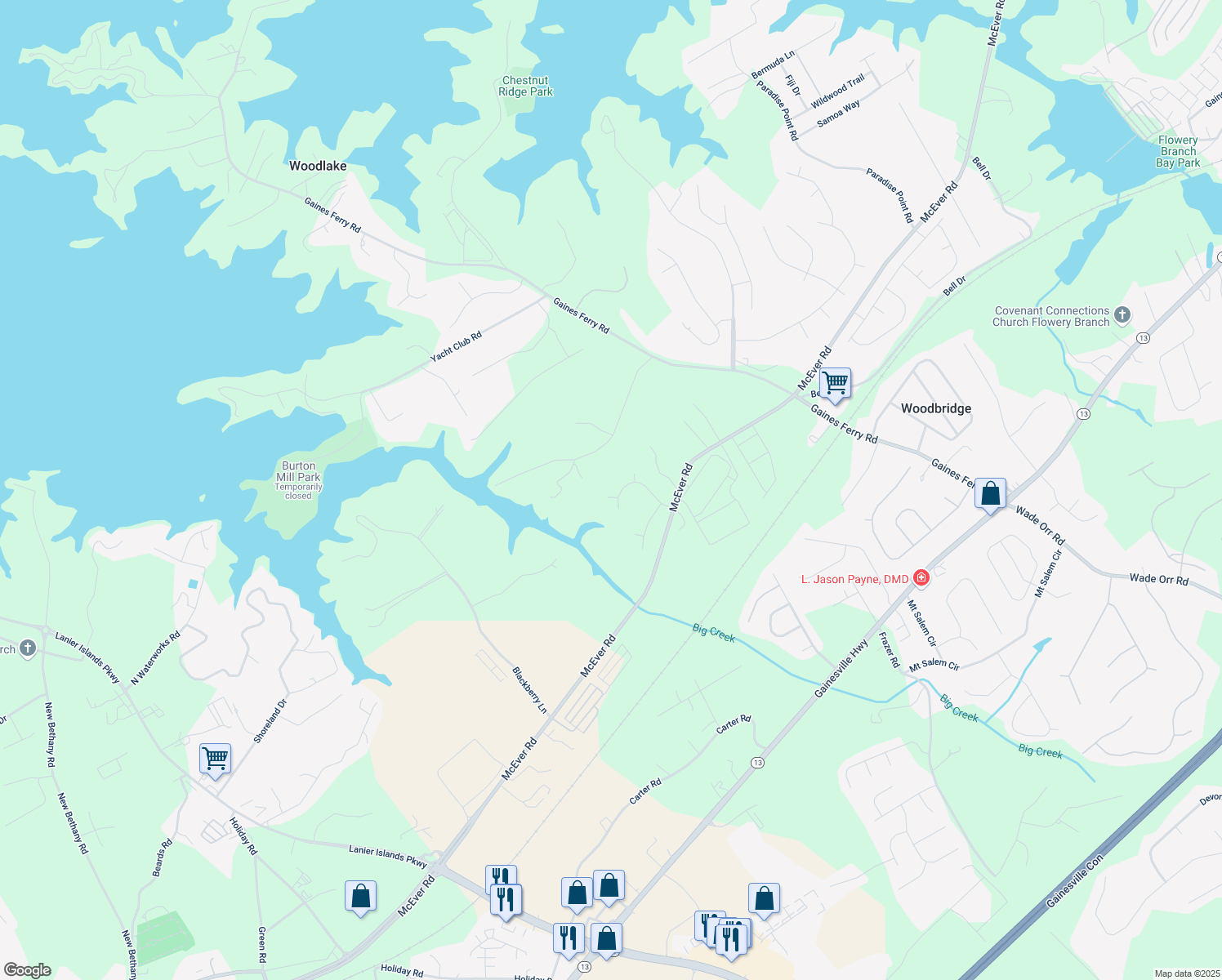 map of restaurants, bars, coffee shops, grocery stores, and more near 6608 Windbrook Way in Flowery Branch