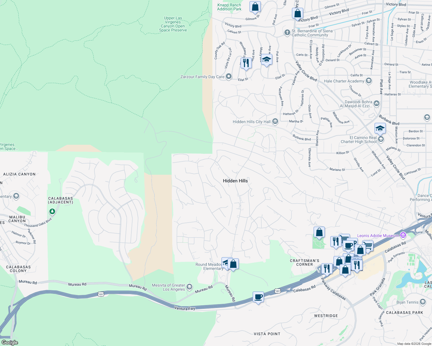 map of restaurants, bars, coffee shops, grocery stores, and more near 24833 Jacob Hamblin Road in Hidden Hills