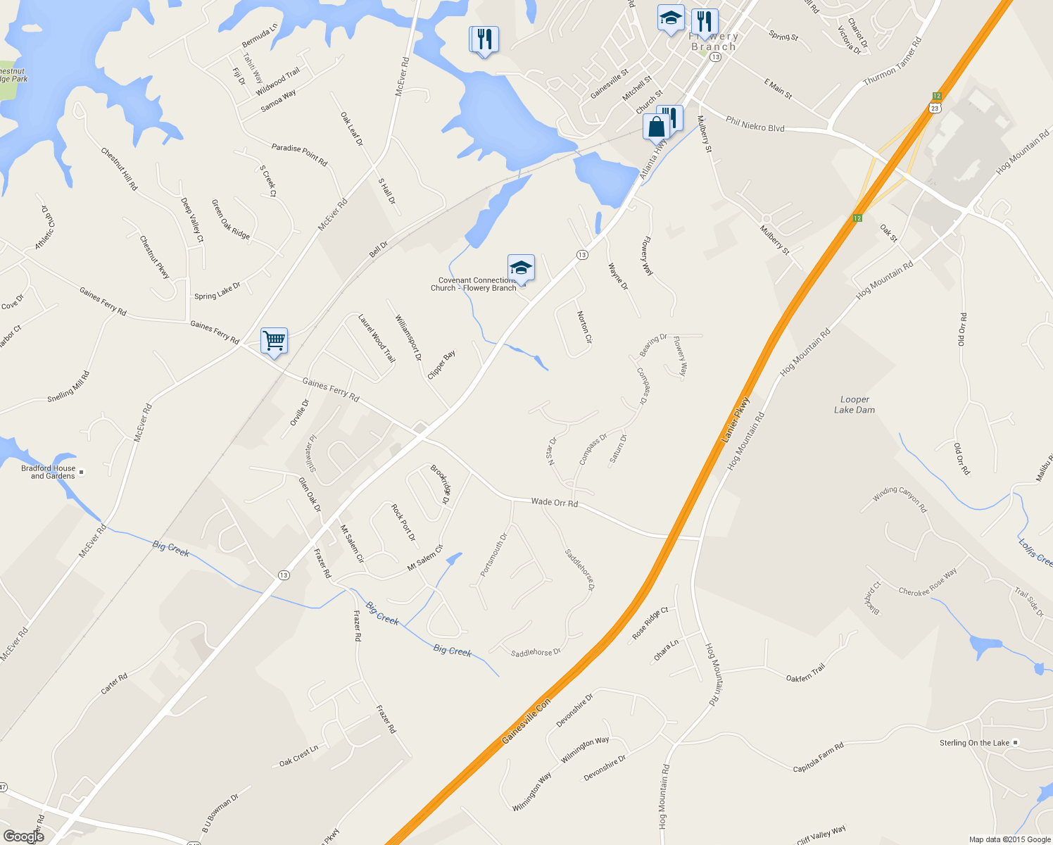 map of restaurants, bars, coffee shops, grocery stores, and more near 6306 Horizon Drive in Flowery Branch