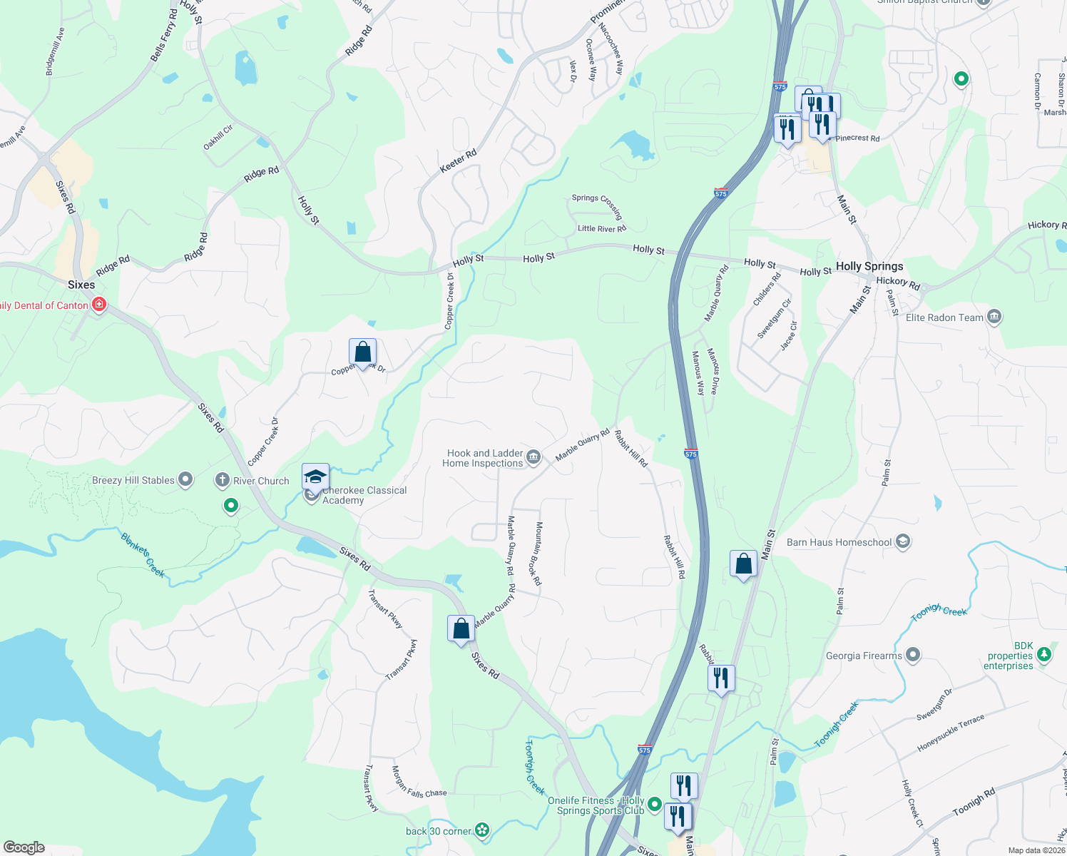 map of restaurants, bars, coffee shops, grocery stores, and more near 211 Sawtooth Court in Canton