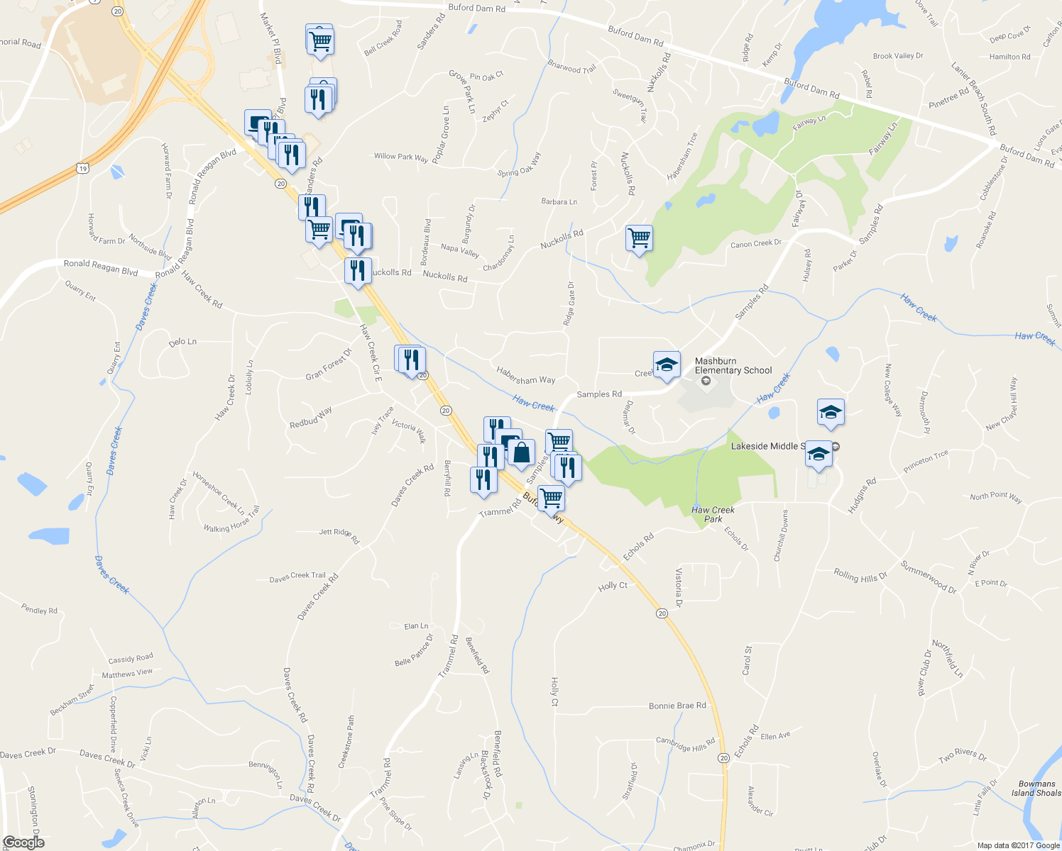 map of restaurants, bars, coffee shops, grocery stores, and more near 4174 Lanier Ridge Walk in Cumming