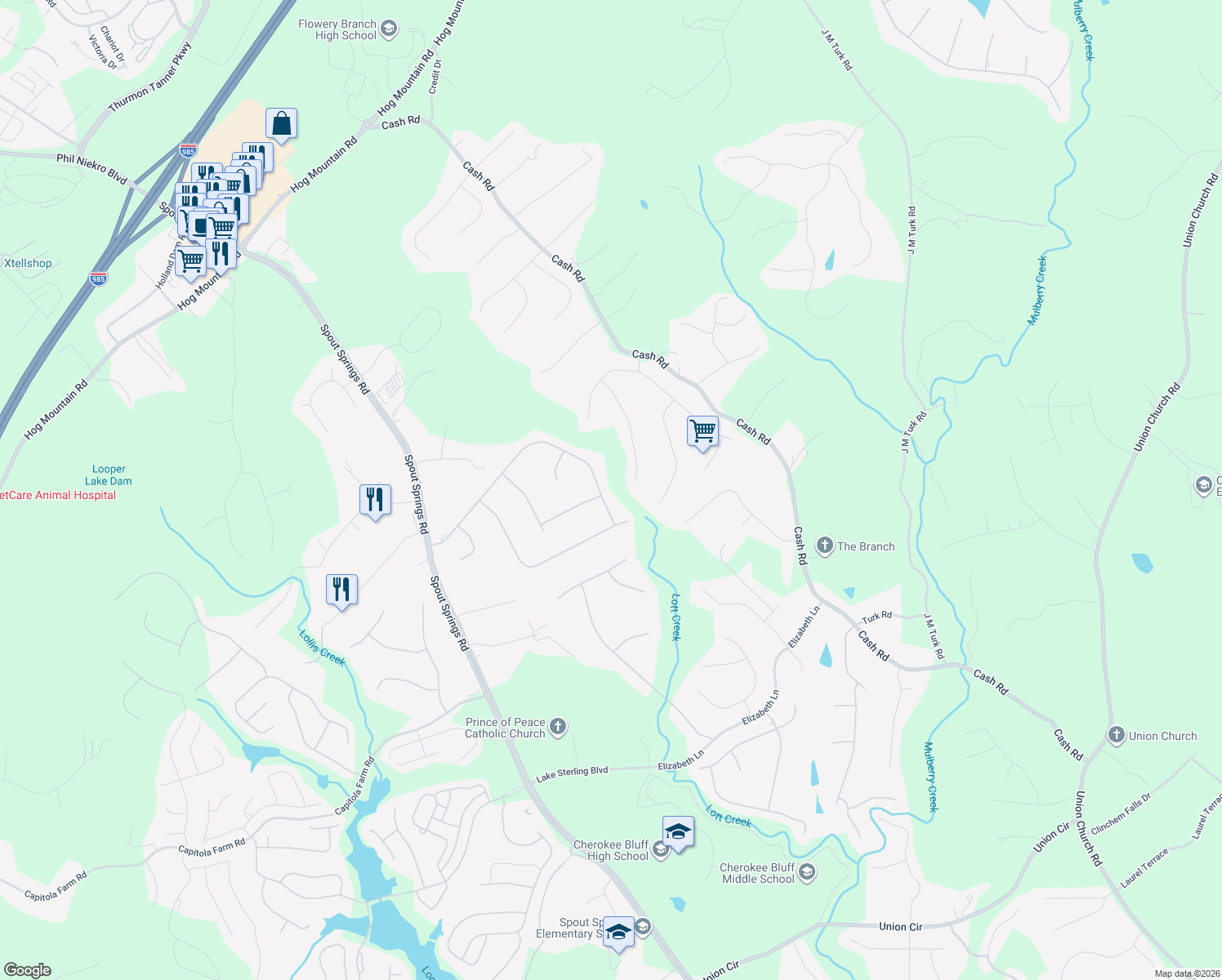 map of restaurants, bars, coffee shops, grocery stores, and more near 6483 Ivy Springs Dr in Flowery Branch