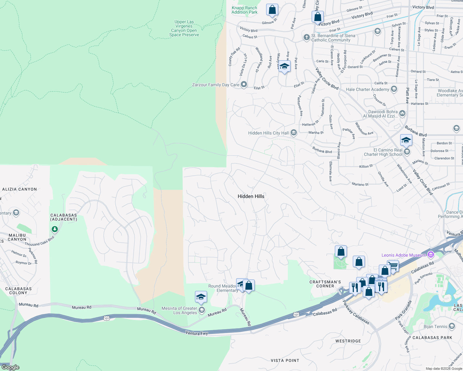 map of restaurants, bars, coffee shops, grocery stores, and more near 5824 Jed Smith Road in Hidden Hills