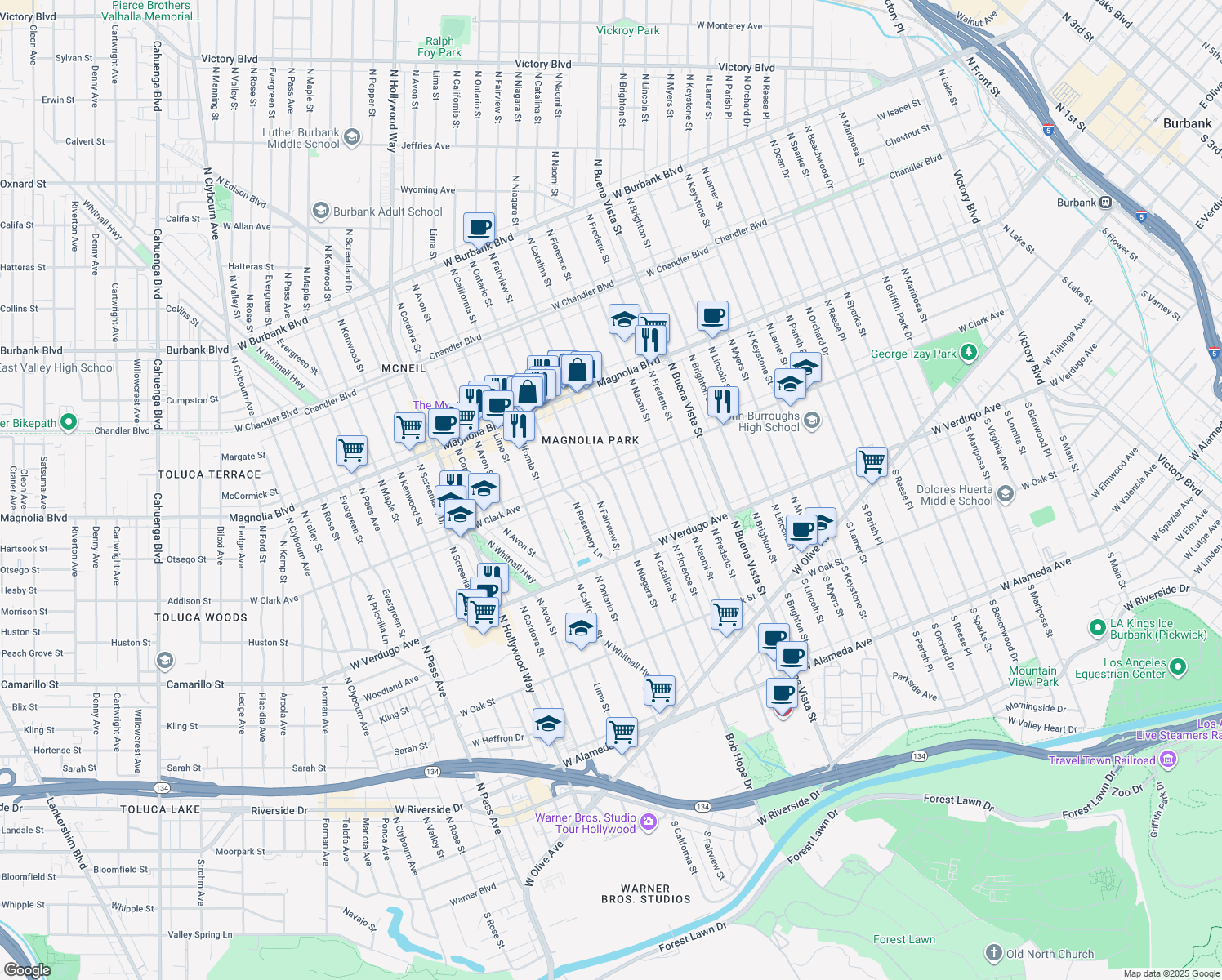 map of restaurants, bars, coffee shops, grocery stores, and more near 627 North Niagara Street in Burbank