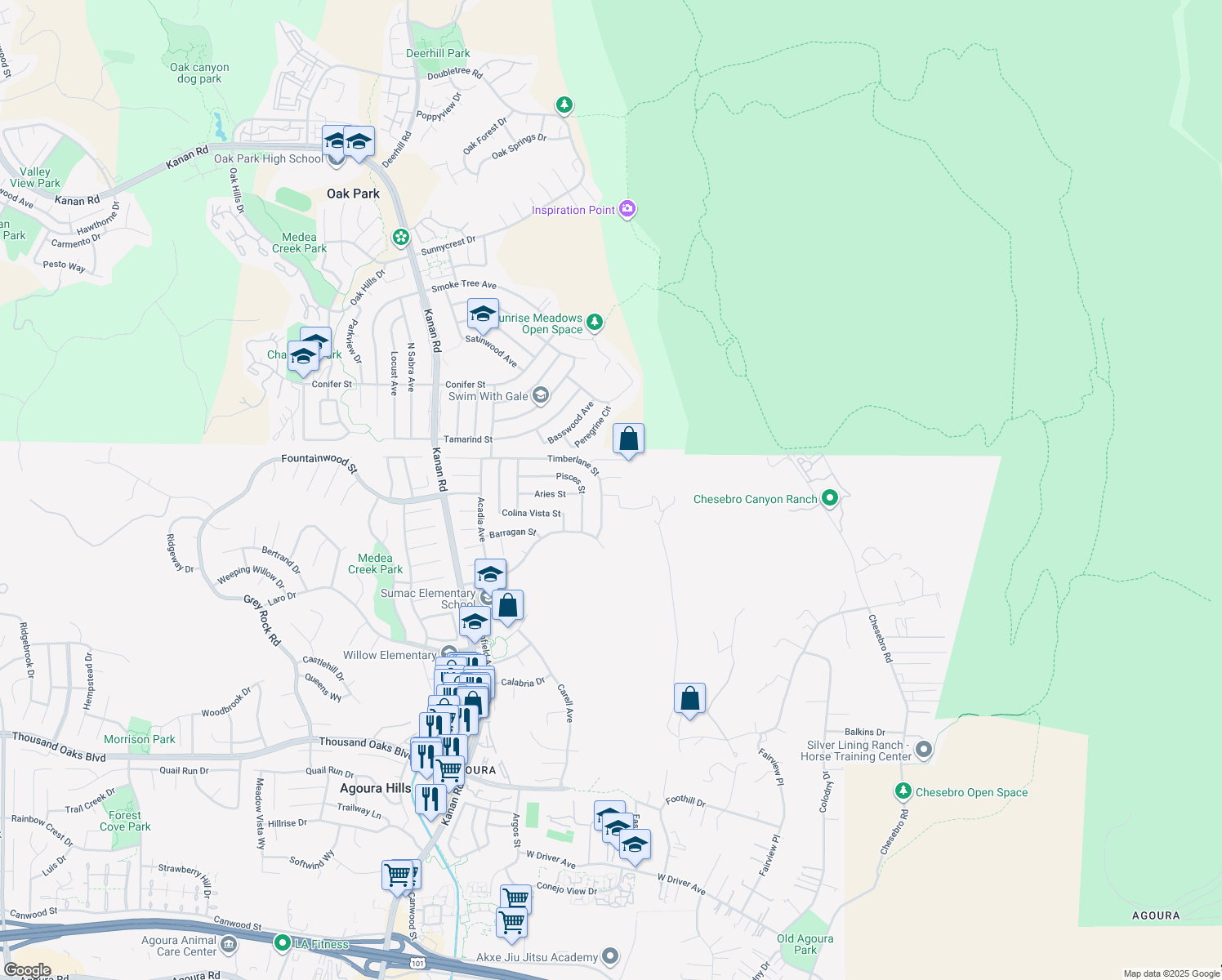 map of restaurants, bars, coffee shops, grocery stores, and more near 28647 Bamfield Drive in Agoura Hills