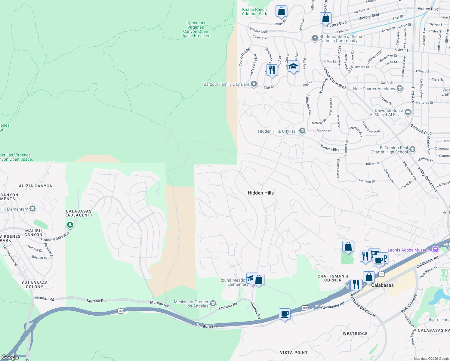 map of restaurants, bars, coffee shops, grocery stores, and more near 5716 Jed Smith Road in Hidden Hills