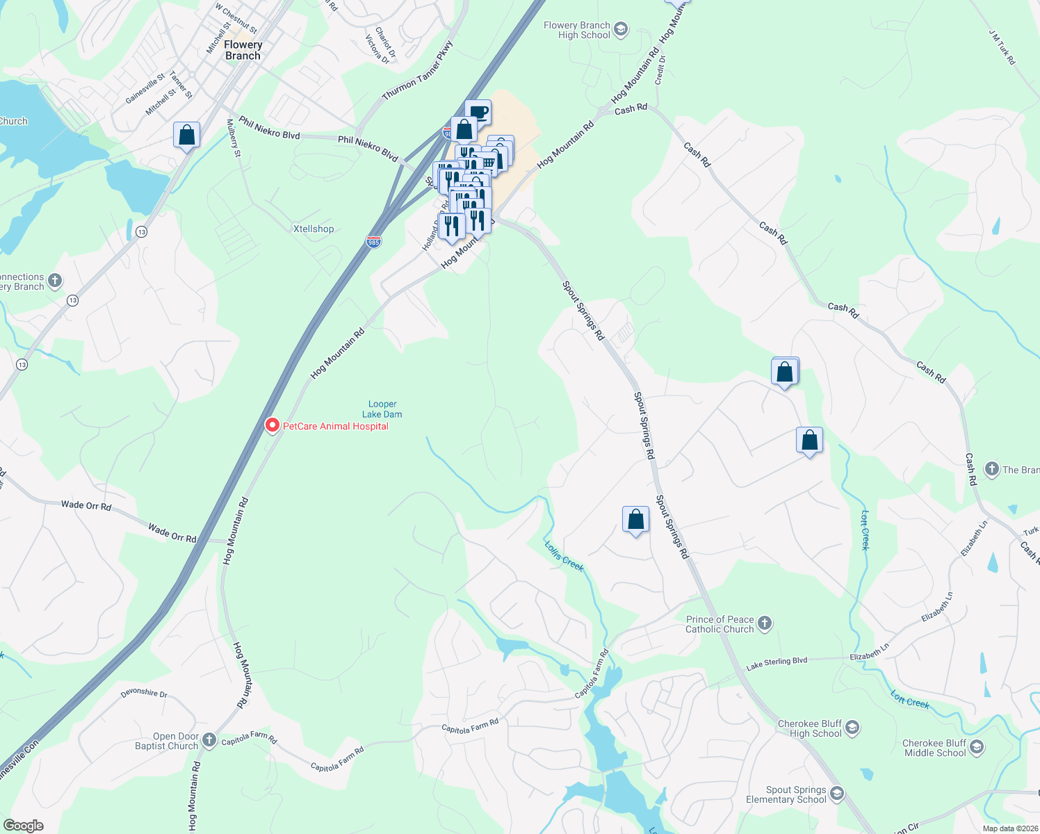 map of restaurants, bars, coffee shops, grocery stores, and more near 5019 Yellow Stone Dr in Flowery Branch