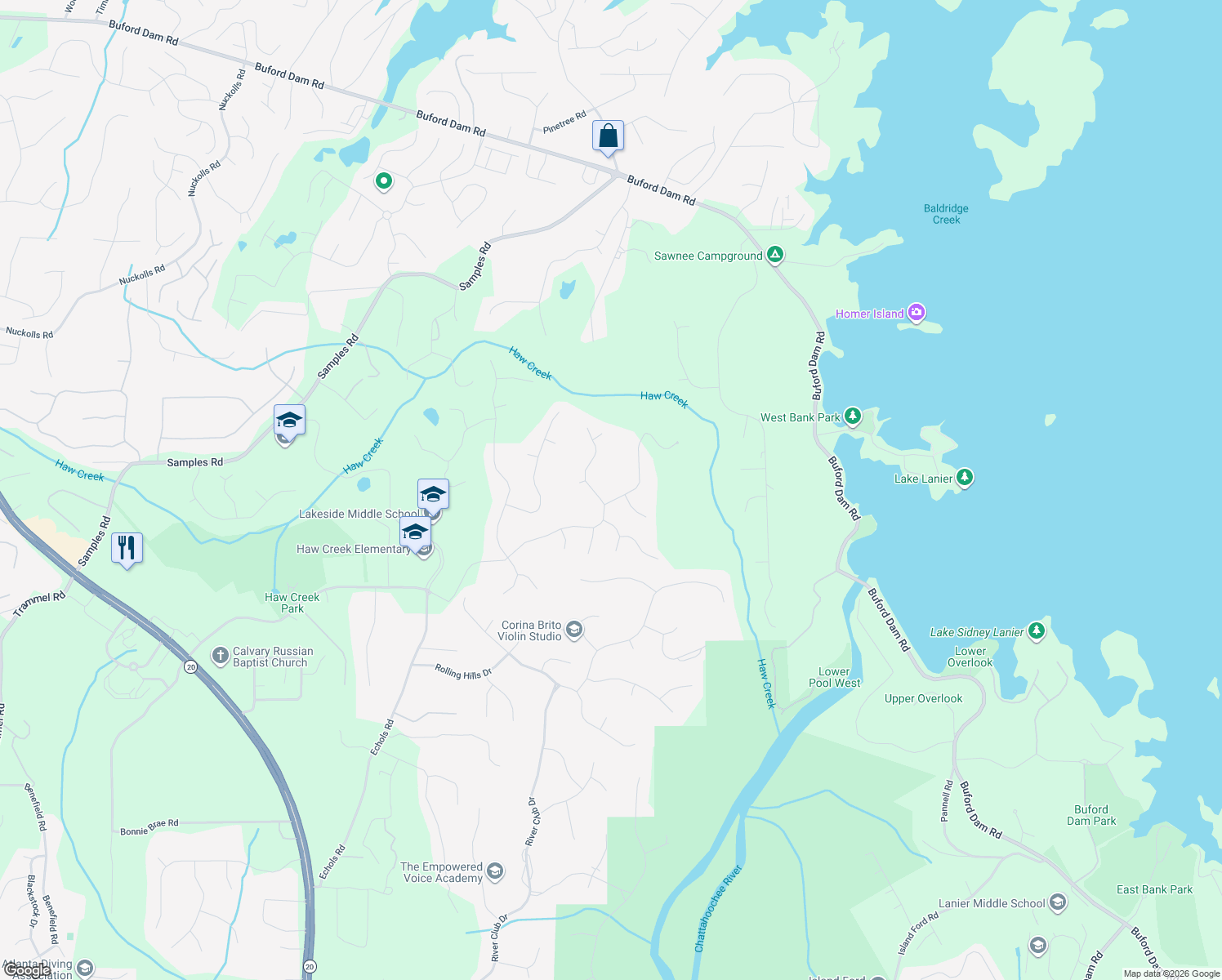 map of restaurants, bars, coffee shops, grocery stores, and more near 4015 New Chapel Hill Way in Cumming