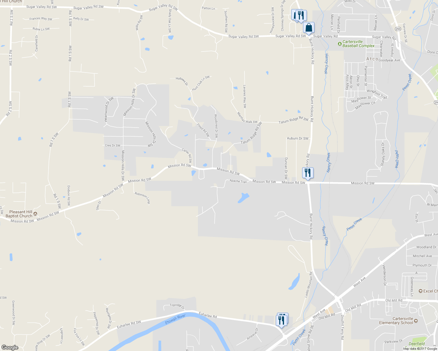 map of restaurants, bars, coffee shops, grocery stores, and more near 689 Mission Road Southwest in Cartersville