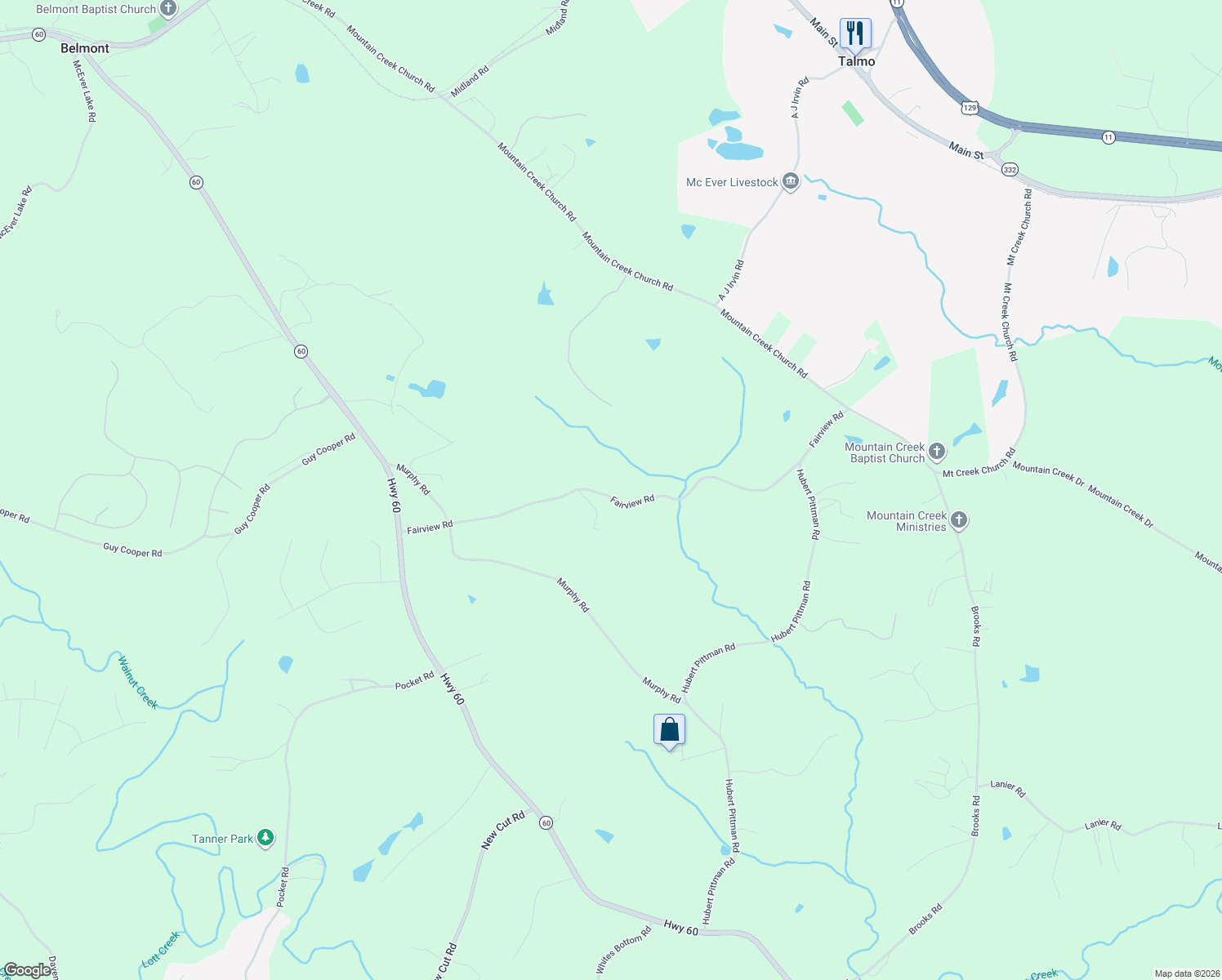 map of restaurants, bars, coffee shops, grocery stores, and more near 232 Fairview Road in Pendergrass