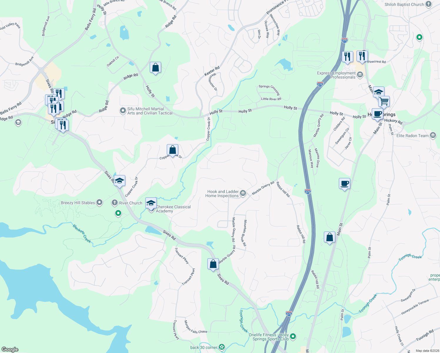 map of restaurants, bars, coffee shops, grocery stores, and more near 801 E Shore Dr in Canton