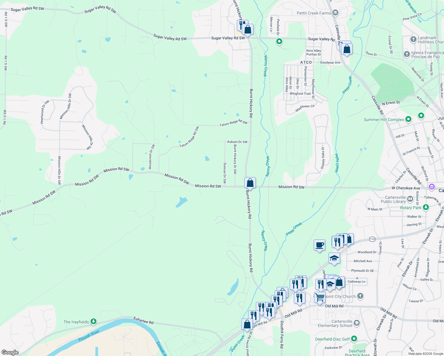map of restaurants, bars, coffee shops, grocery stores, and more near 29 Duncan Dr SW in Cartersville
