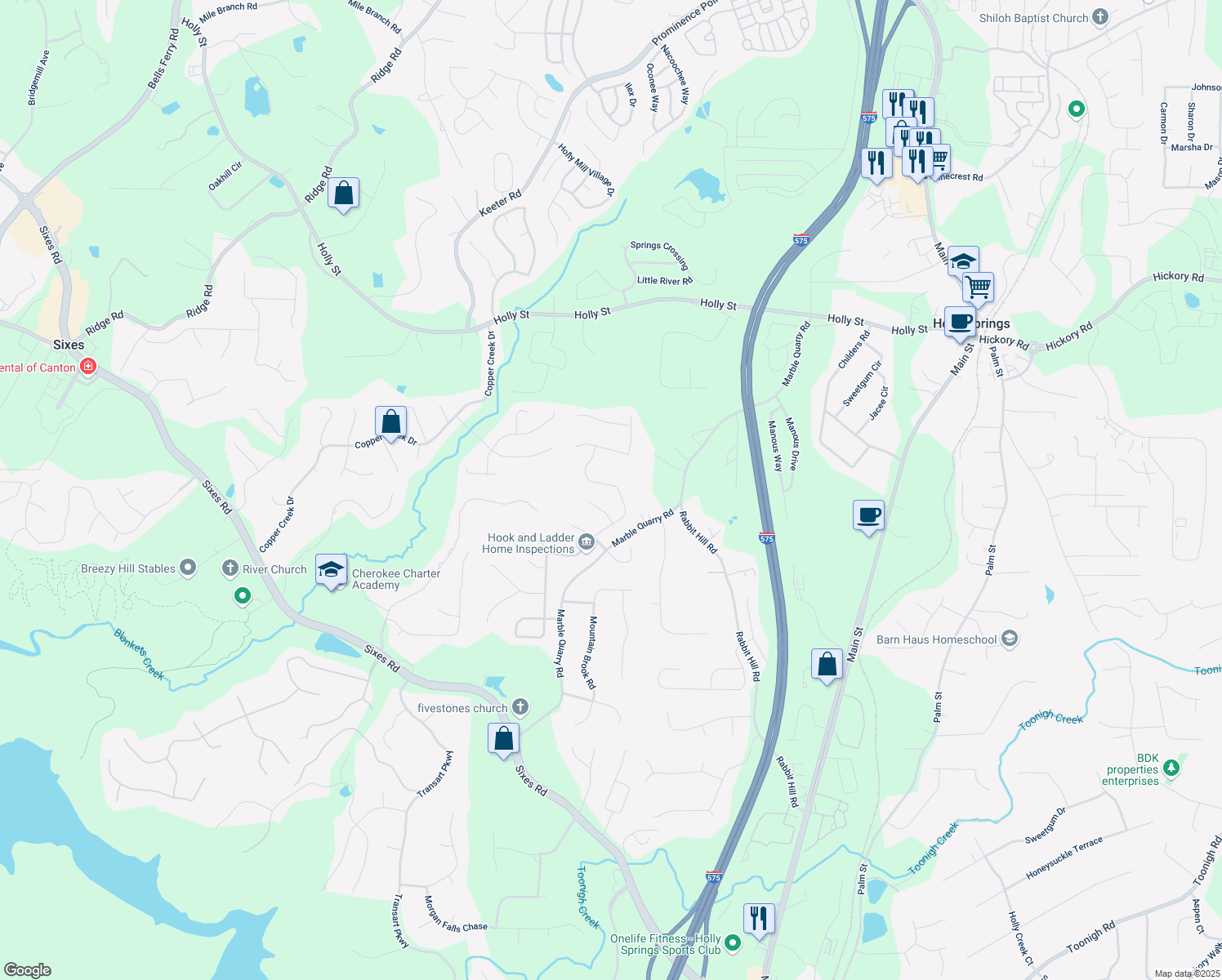 map of restaurants, bars, coffee shops, grocery stores, and more near 431 Crestmont Lane in Canton