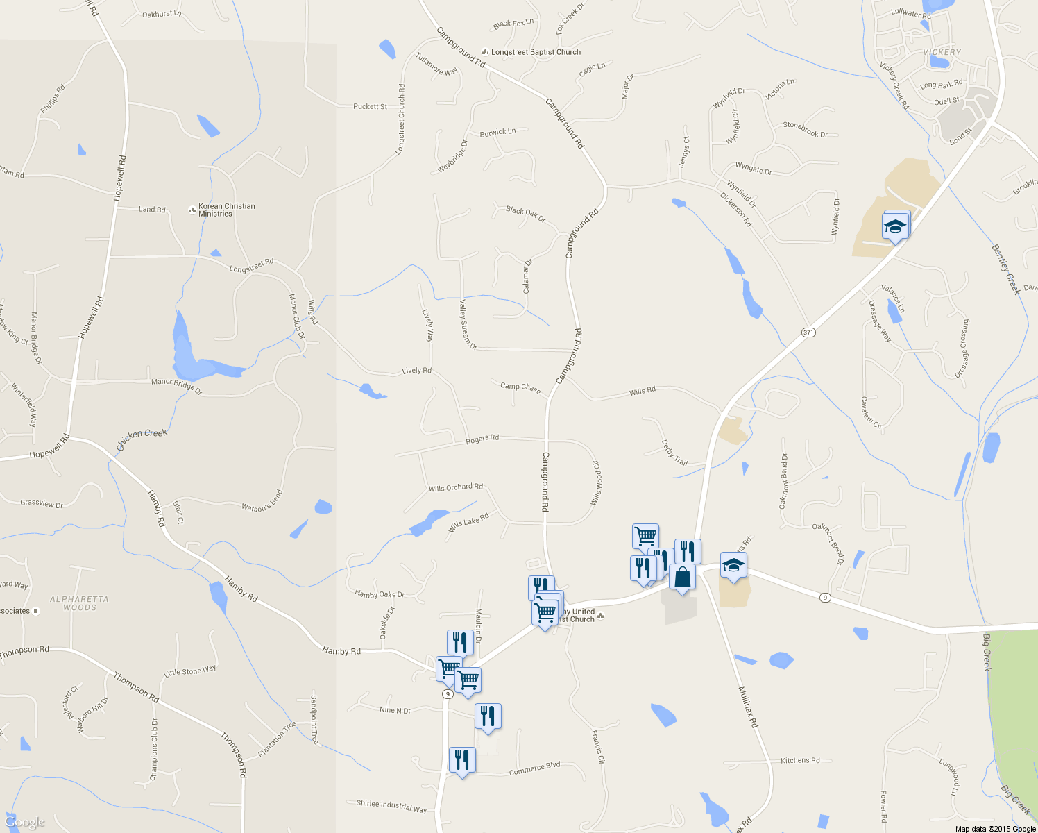 map of restaurants, bars, coffee shops, grocery stores, and more near 5935 Camp Trail in Cumming