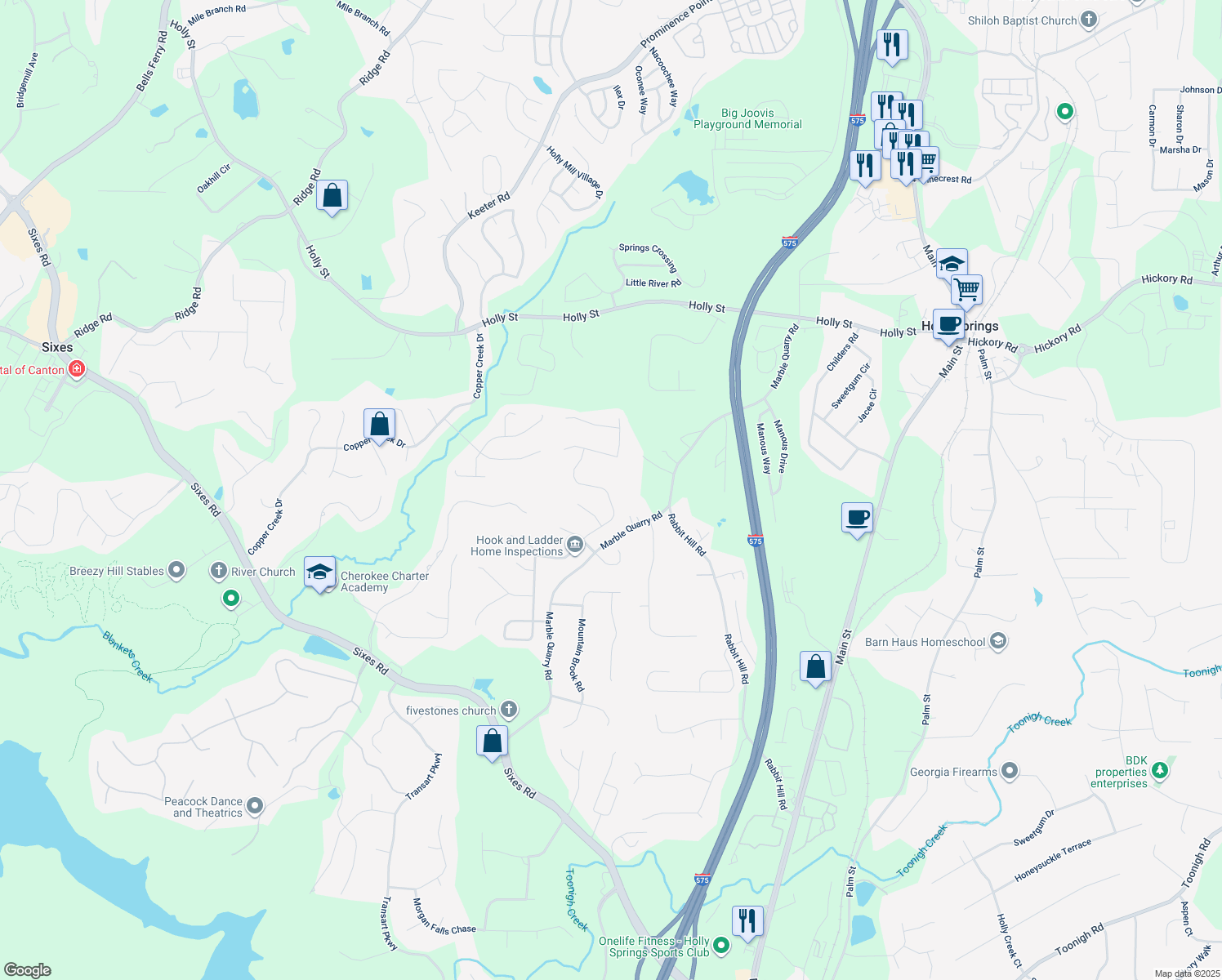 map of restaurants, bars, coffee shops, grocery stores, and more near 456 Crestmont Lane in Canton
