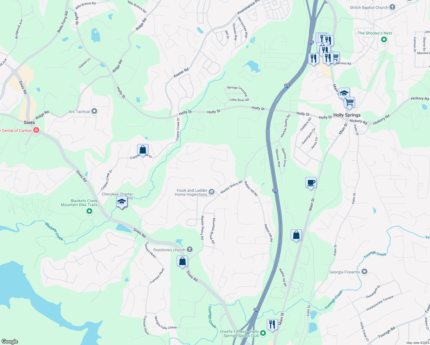 map of restaurants, bars, coffee shops, grocery stores, and more near 439 Crestmont Lane in Canton
