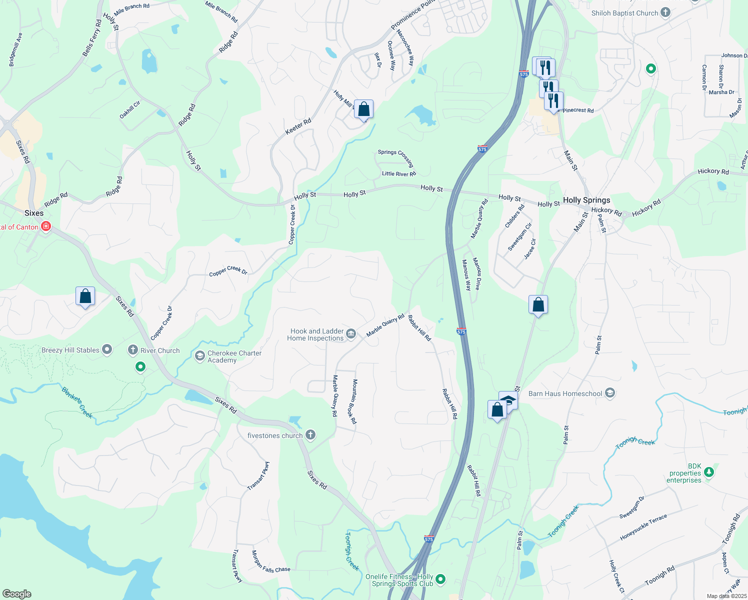 map of restaurants, bars, coffee shops, grocery stores, and more near 456 Crestmont Lane in Canton