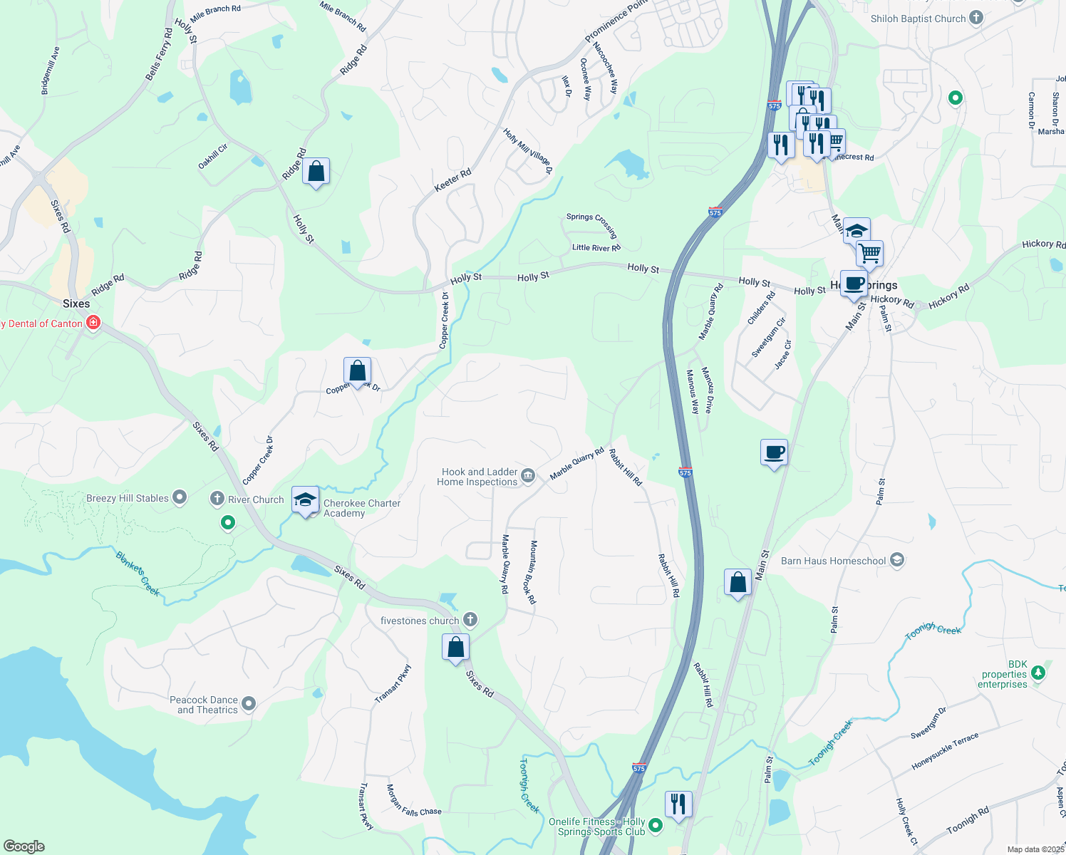 map of restaurants, bars, coffee shops, grocery stores, and more near 441 Crestmont Lane in Canton