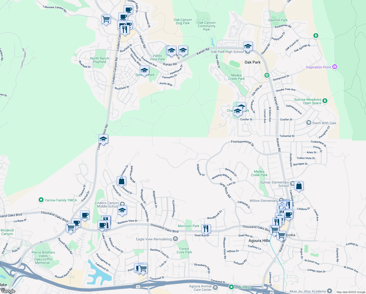 map of restaurants, bars, coffee shops, grocery stores, and more near 29729 Kimberly Drive in Agoura Hills