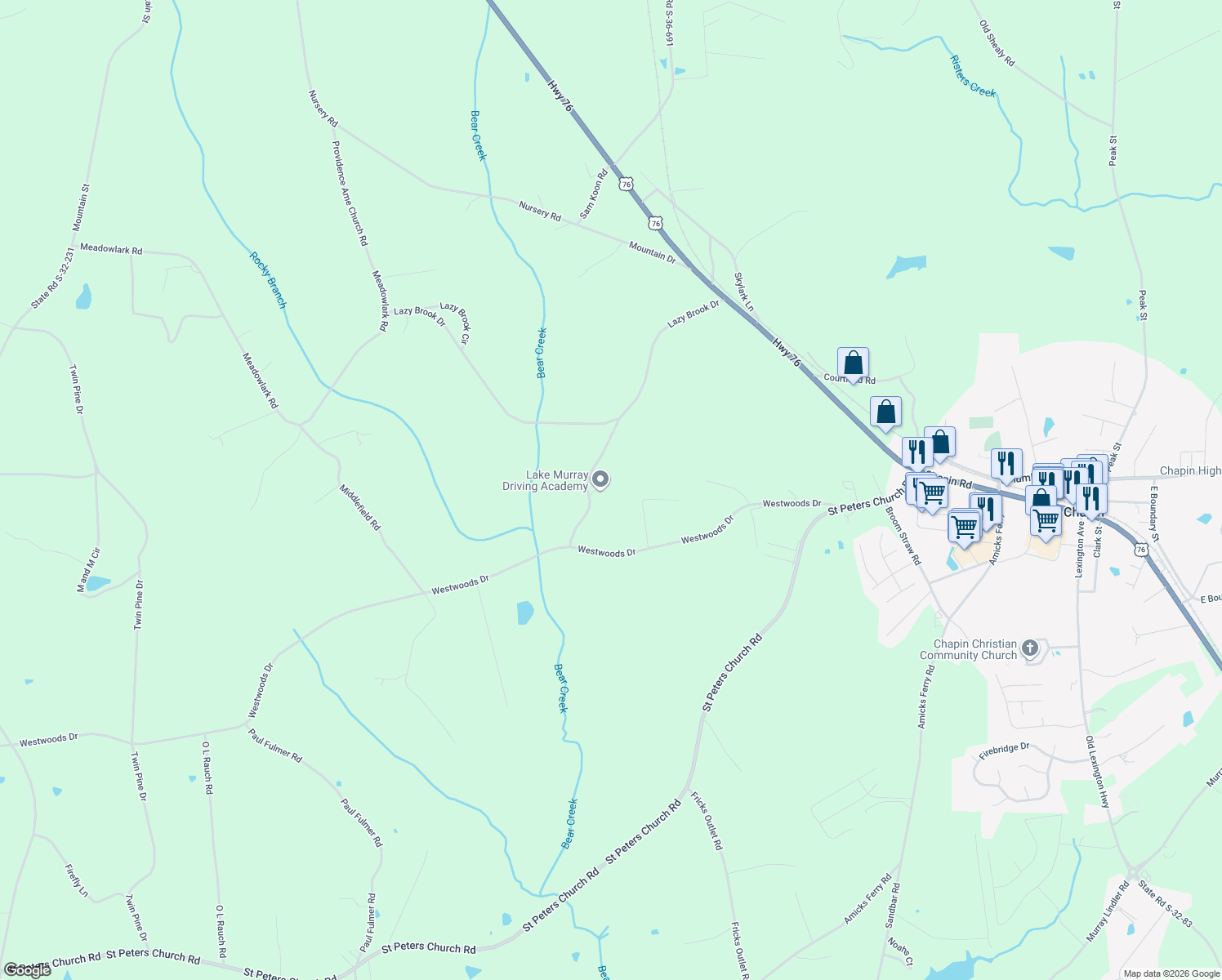 map of restaurants, bars, coffee shops, grocery stores, and more near 140 Distant Lane in Chapin