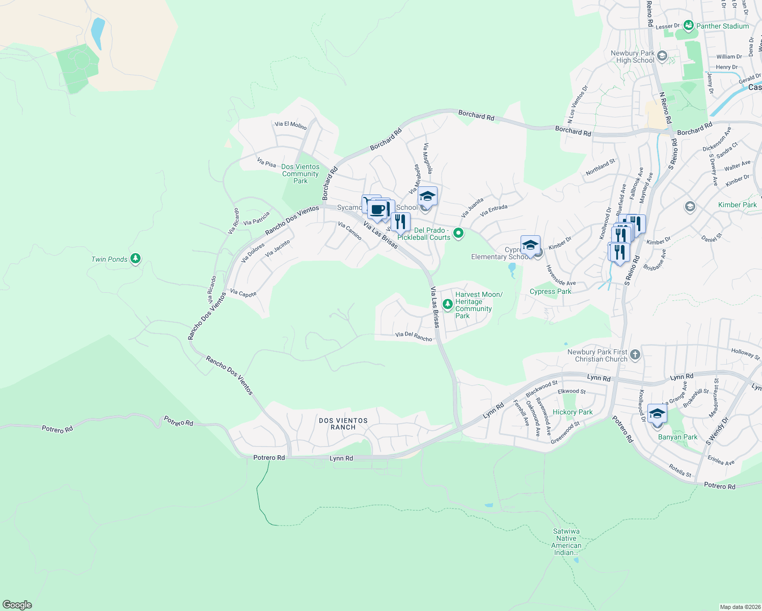 map of restaurants, bars, coffee shops, grocery stores, and more near 645 Via Vista in Thousand Oaks