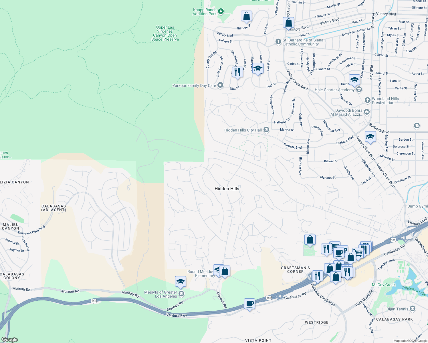 map of restaurants, bars, coffee shops, grocery stores, and more near 5813 Jed Smith Road in Hidden Hills