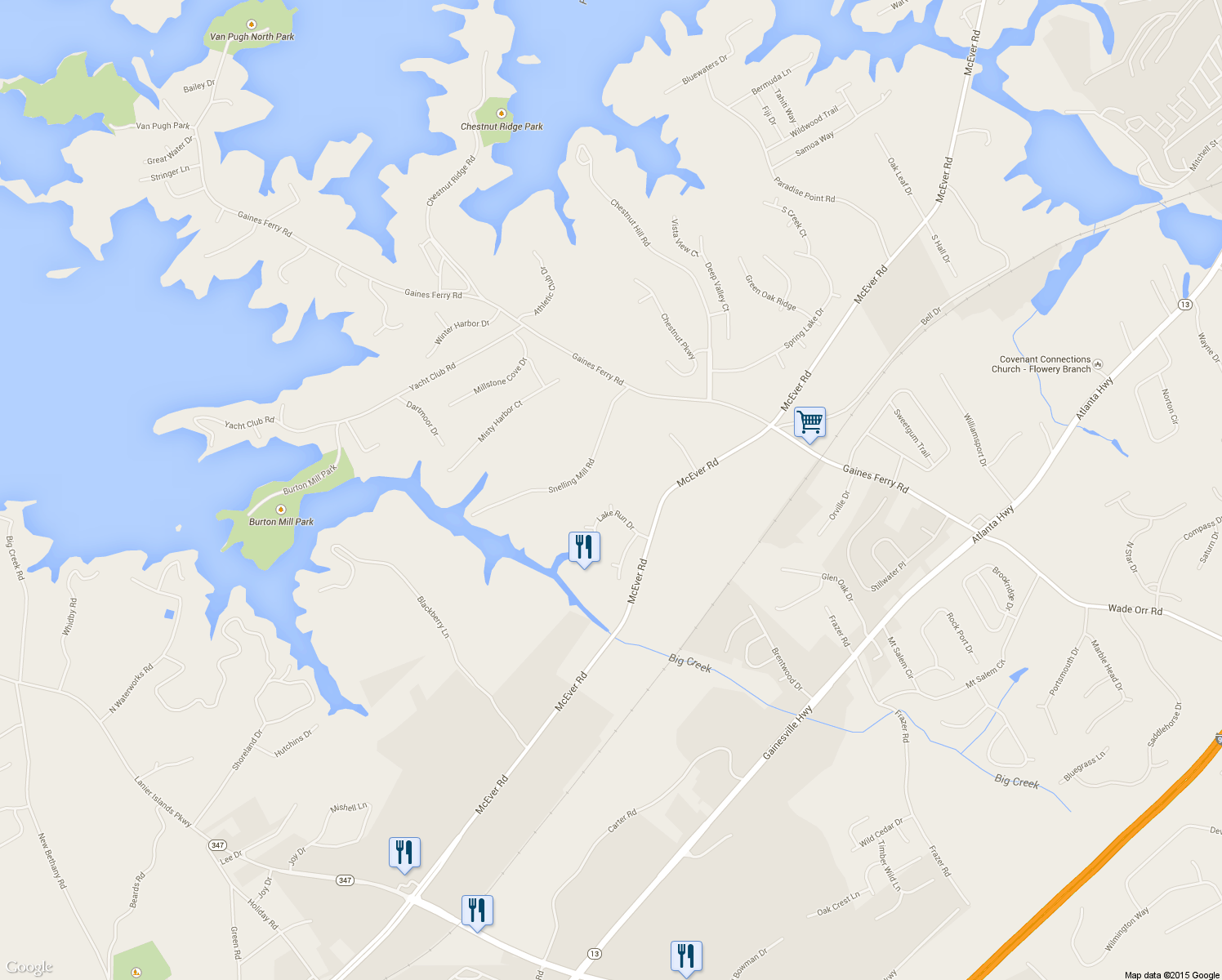 map of restaurants, bars, coffee shops, grocery stores, and more near 6610 Firelight Lane in Flowery Branch