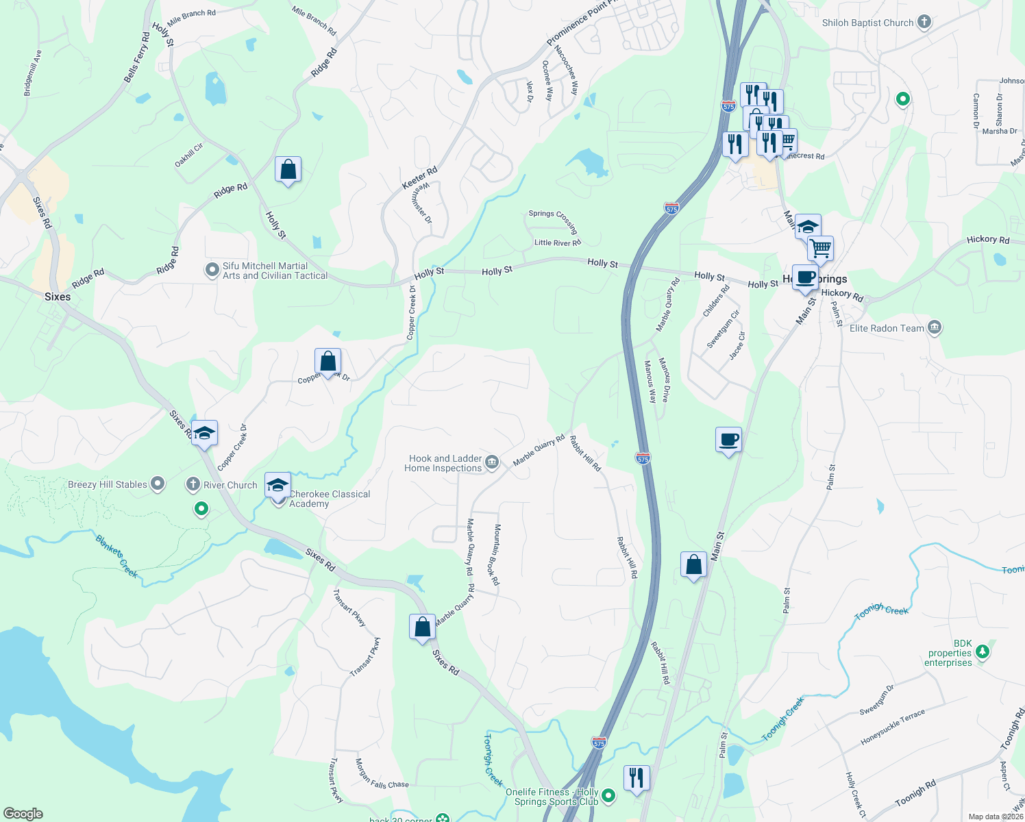 map of restaurants, bars, coffee shops, grocery stores, and more near 464 Crestmont Lane in Canton