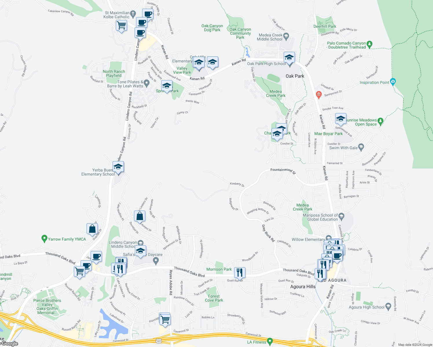 map of restaurants, bars, coffee shops, grocery stores, and more near 29729 Kimberly Drive in Agoura Hills