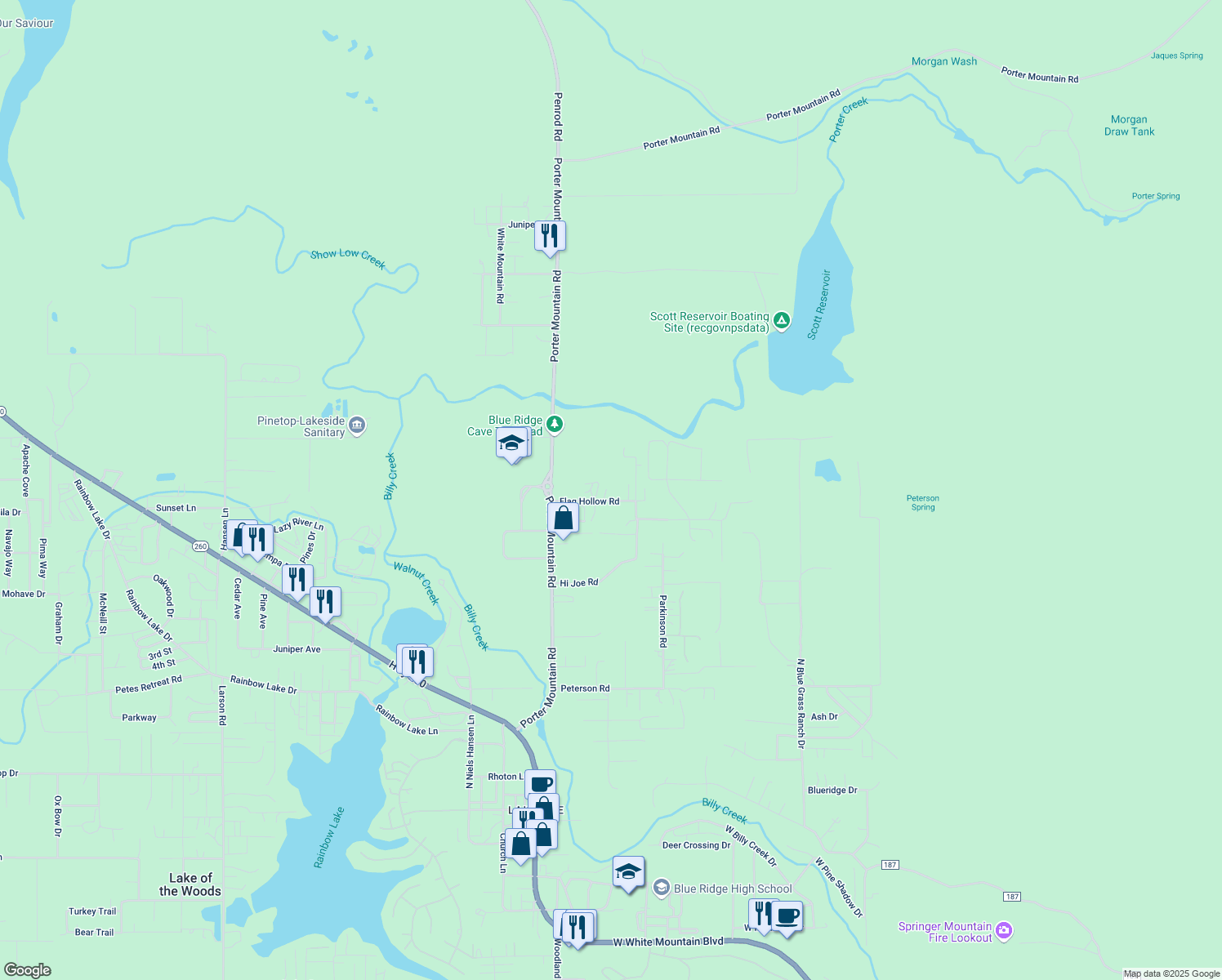 map of restaurants, bars, coffee shops, grocery stores, and more near 1332 Flag Hollow Road in Navajo County