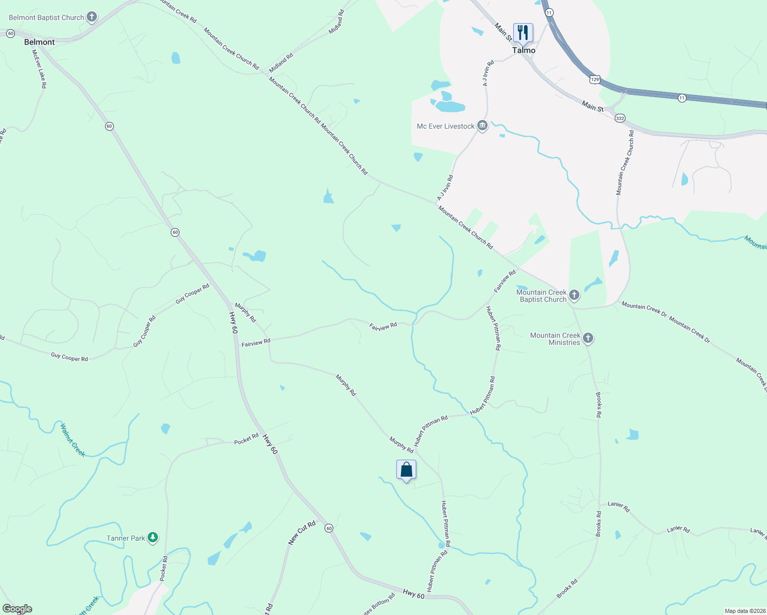map of restaurants, bars, coffee shops, grocery stores, and more near 232 Fairview Road in Pendergrass