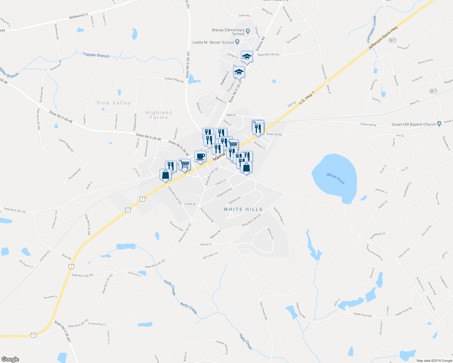 map of restaurants, bars, coffee shops, grocery stores, and more near 1001 Cherry Lane in Elgin