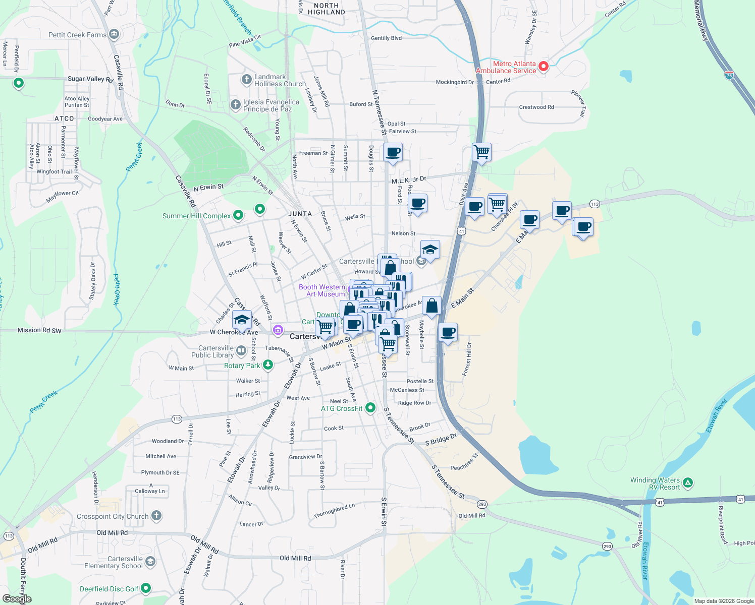 map of restaurants, bars, coffee shops, grocery stores, and more near 109 East Church Street in Cartersville