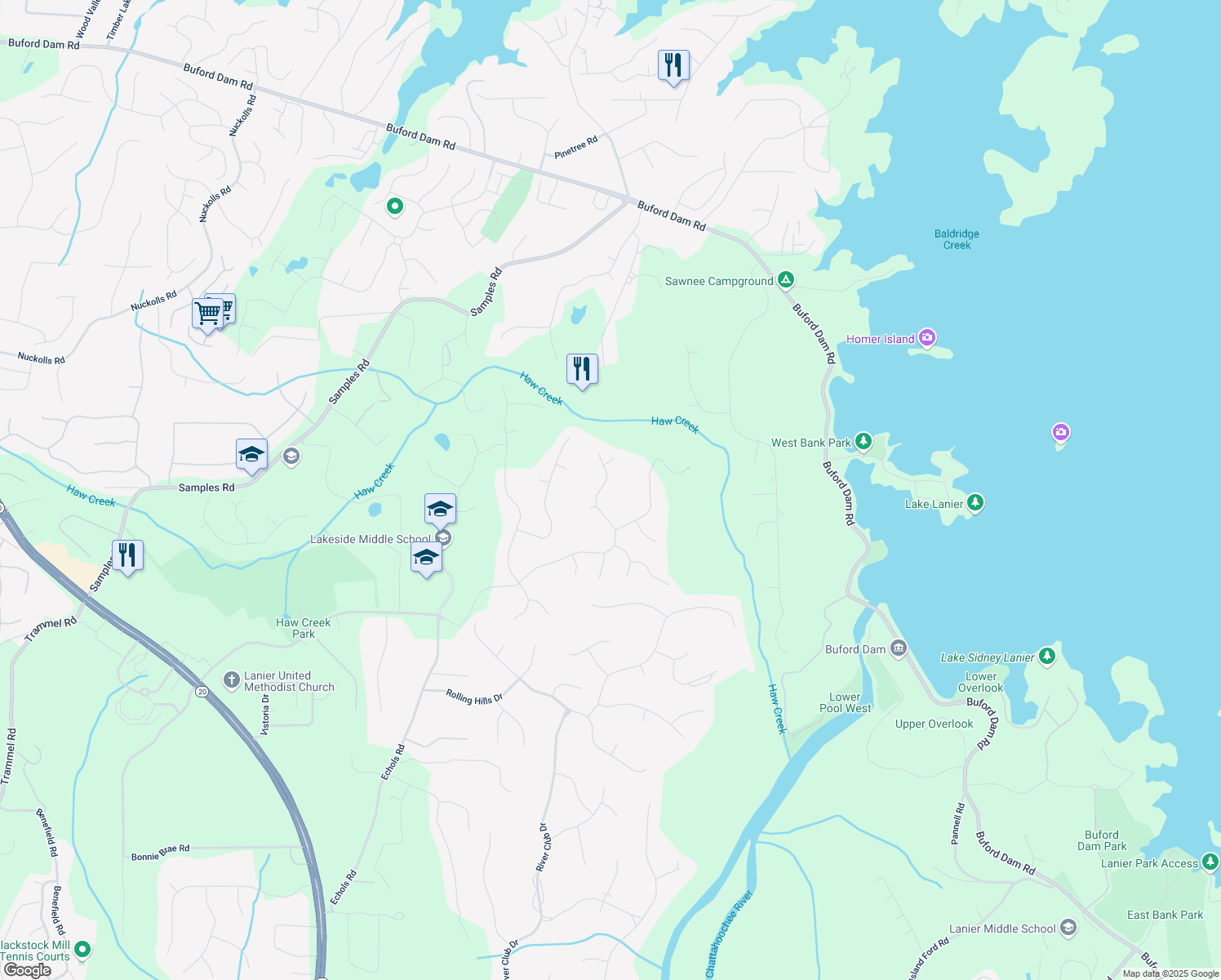 map of restaurants, bars, coffee shops, grocery stores, and more near 5030 Princeton Trce in Cumming