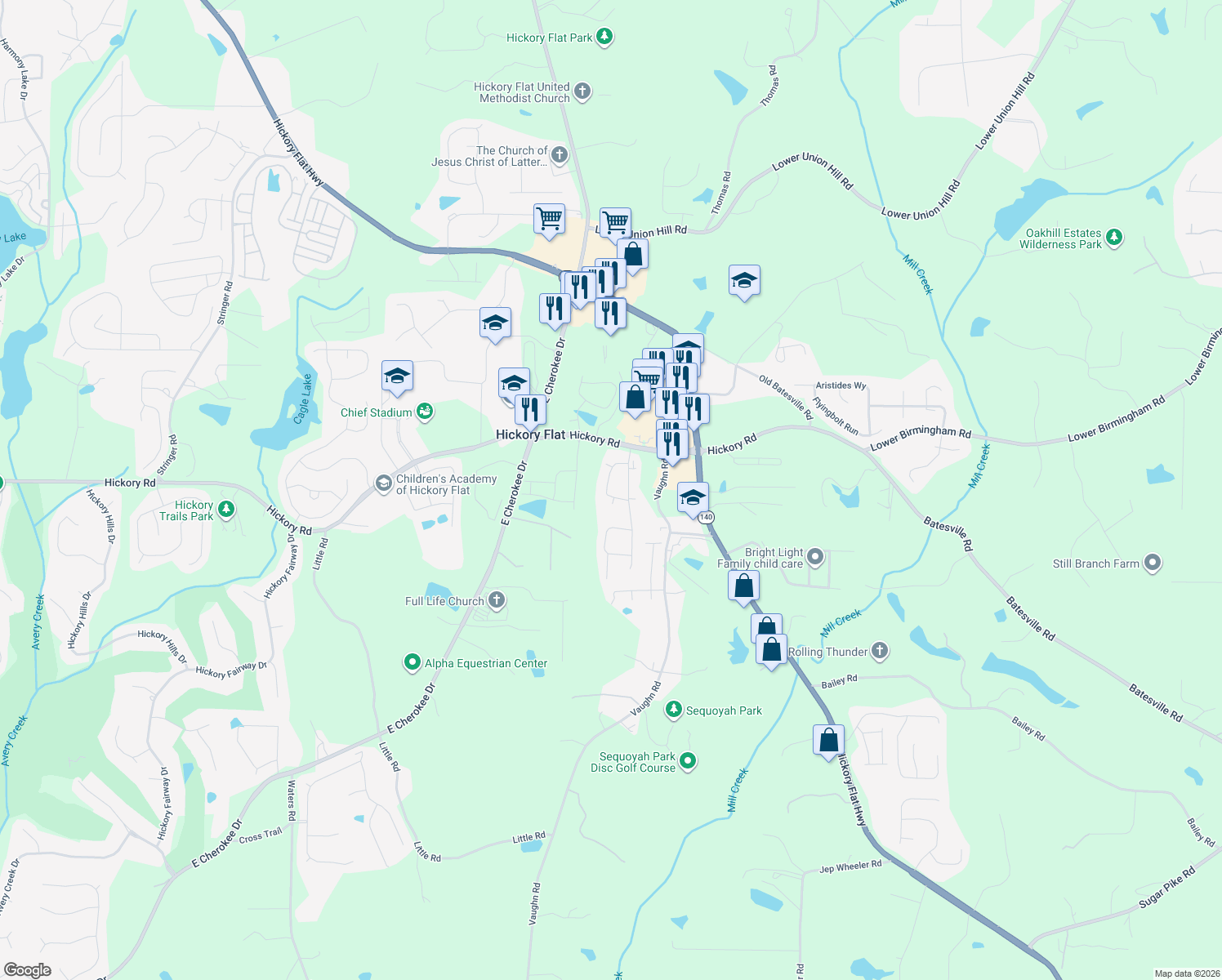 map of restaurants, bars, coffee shops, grocery stores, and more near 235 Orchards Circle in Woodstock