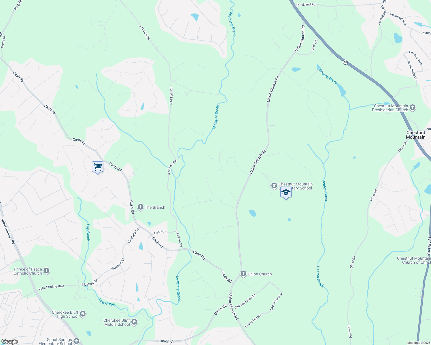 map of restaurants, bars, coffee shops, grocery stores, and more near 6022 Rose Court in Flowery Branch
