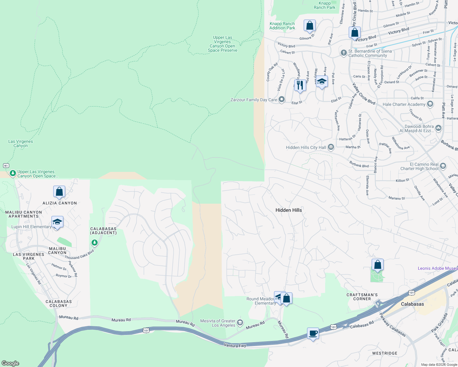 map of restaurants, bars, coffee shops, grocery stores, and more near 24965 Kit Carson Road in Hidden Hills