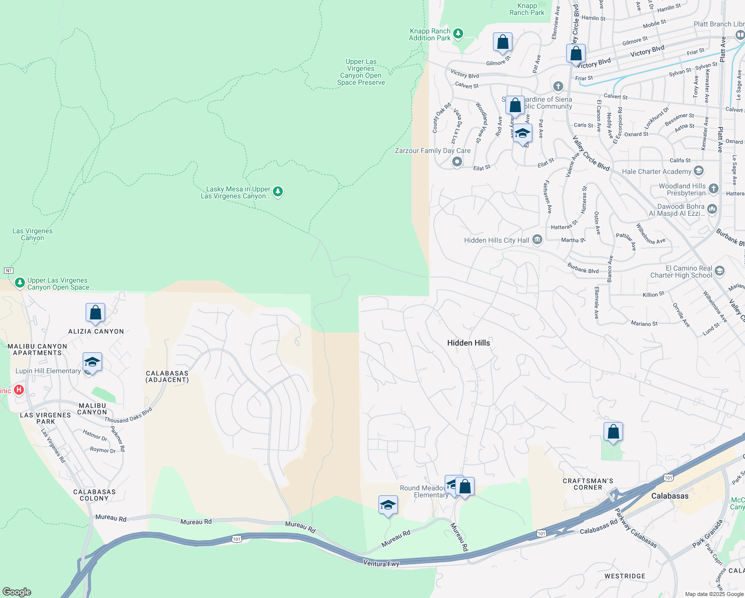 map of restaurants, bars, coffee shops, grocery stores, and more near 24965 Kit Carson Road in Hidden Hills
